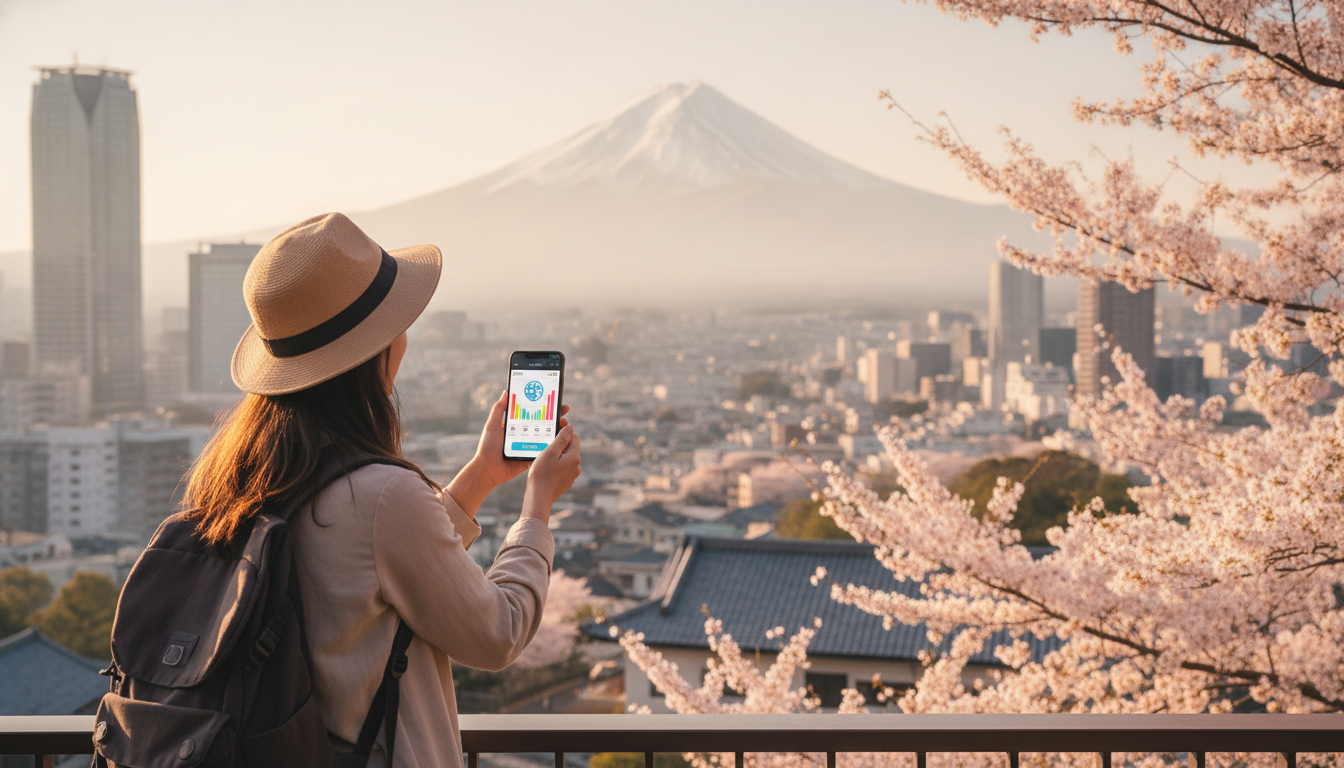 Voyageur connecté avec une eSIM devant Tokyo et le mont Fuji
